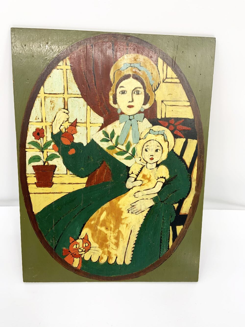 Vintage American Folk Art Mom and Baby Oil Painting on Wood Wall Decor
